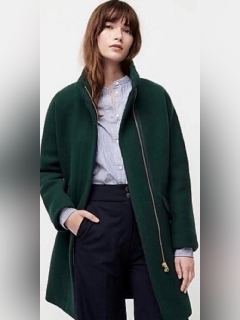 J. Crew Dark Forest Green Wool Zip-Front Pea Coat